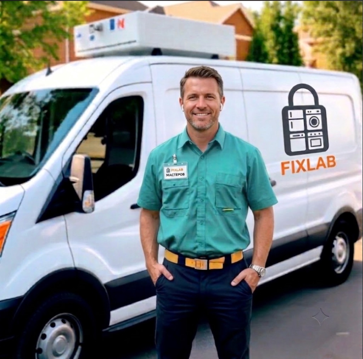 Professional appliance repair technician with service van